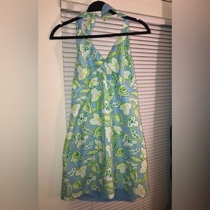 Reversible halter top dress with monstera print